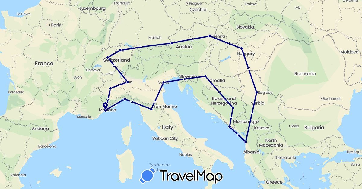 TravelMap itinerary: driving in Austria, Bosnia and Herzegovina, Switzerland, France, Croatia, Hungary, Italy, Montenegro, Serbia (Europe)