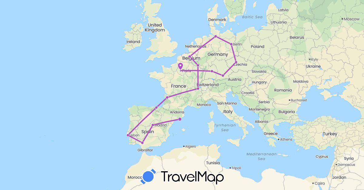 TravelMap itinerary: driving, train in Belgium, Switzerland, Czech Republic, Germany, Spain, France, Luxembourg, Portugal (Europe)