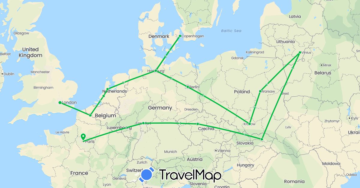 TravelMap itinerary: driving, bus in Czech Republic, Germany, Denmark, France, United Kingdom, Lithuania, Netherlands, Poland, Slovakia (Europe)